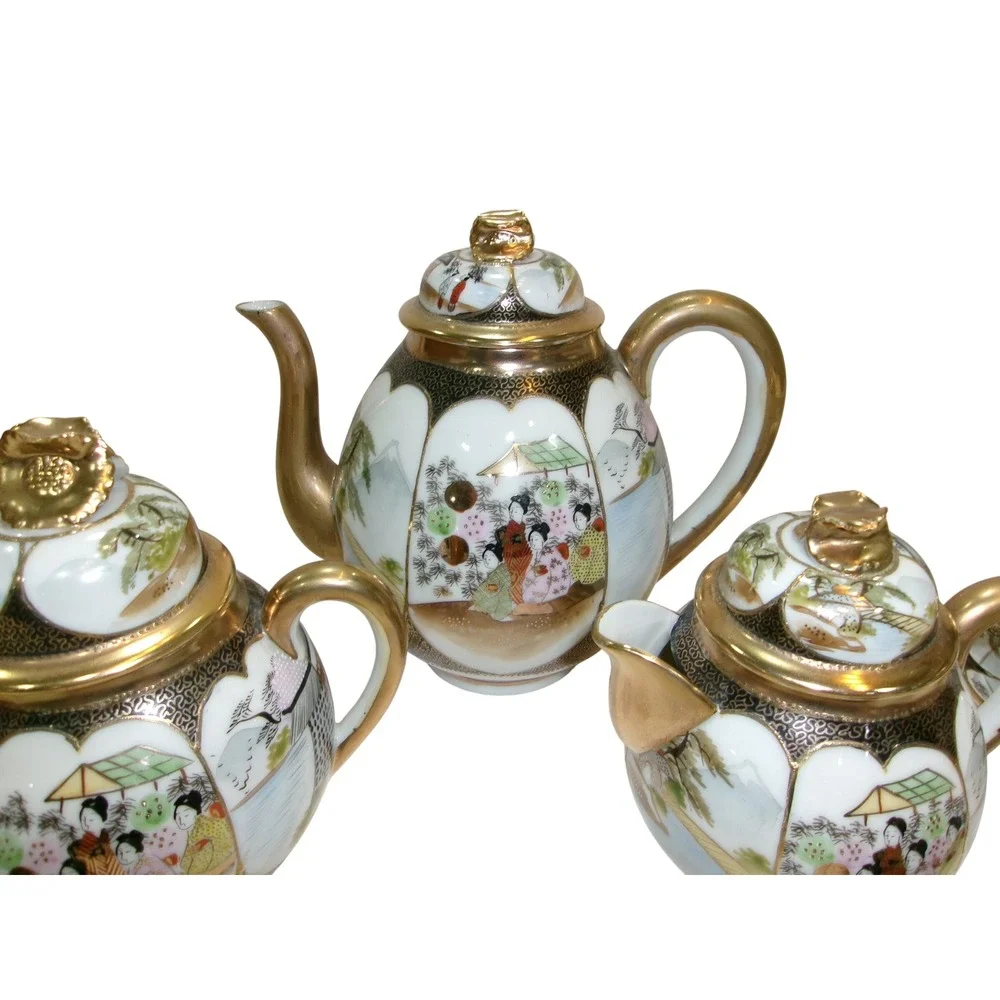 Vintage Japanese Satsuma Kutani Style Moriage Tea Set Geisha Hand Painted Gilt